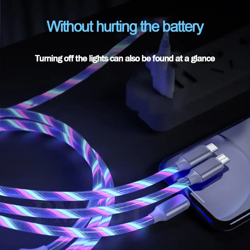 a usb cable with a glowing blue and pink design
