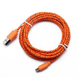 a usb cable with a white and orange braid