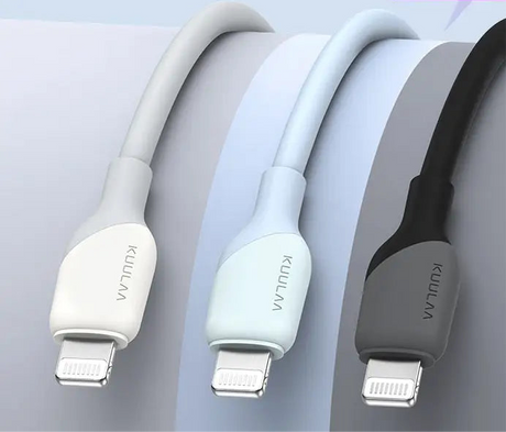 Lightning cables in three different colors: white, light blue, and black.