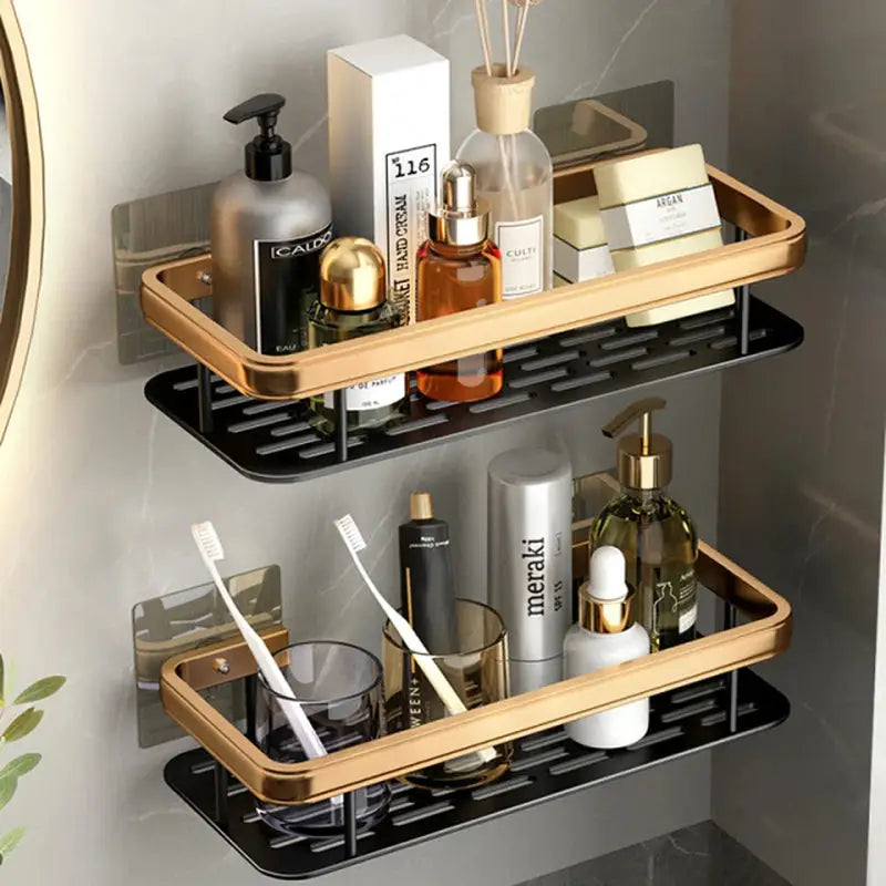 a bathroom shelf with two shelves and a mirror