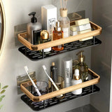 a bathroom shelf with two shelves and a mirror