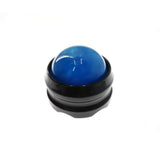 a blue glass knob with black plastic cover