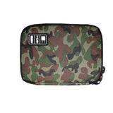 a close up of a camouflage bag with a logo on it