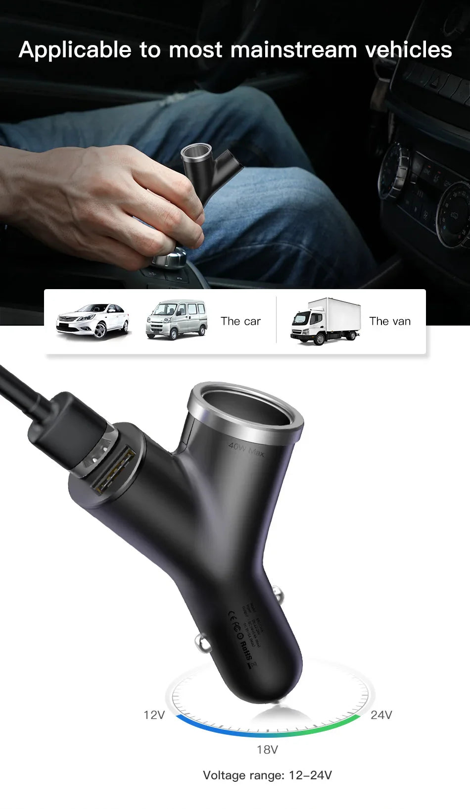 Car charger adapter with dual USB ports and a voltage display.