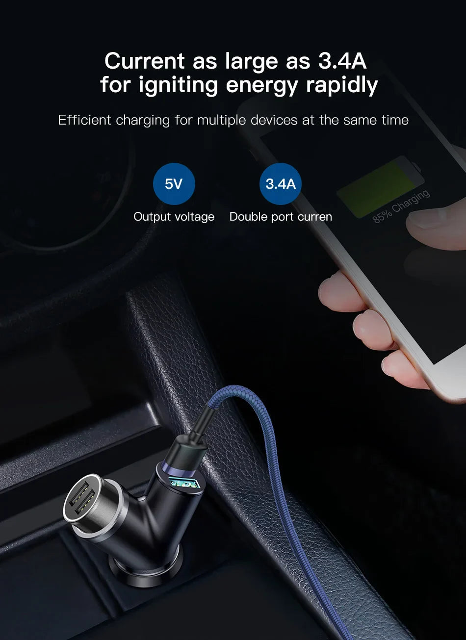 Car charger adapter with dual USB ports for rapid charging.