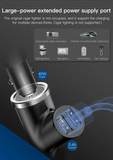 Car charger with dual USB ports and extended power supply capability.