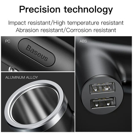 Car charger with dual USB ports and precision technology features.