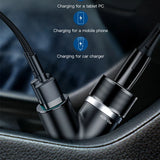 Car charger with multiple charging capabilities for different devices.