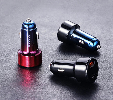 Car chargers with metallic finishes in blue, red, and black colors.