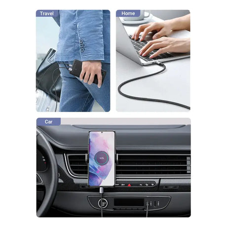 A car dashboard with a phone and a car charger