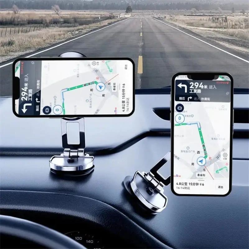 A car dashboard with two smartphones on it