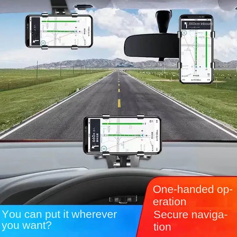 a car dashboard with two smartphones on it