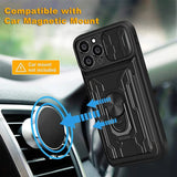 Armor Card Case with Magnetic Ring Holder Stand For iPhone 15 14 13 12 11 Pro Max Plus Wallet Slide Camera Military Grade Cover