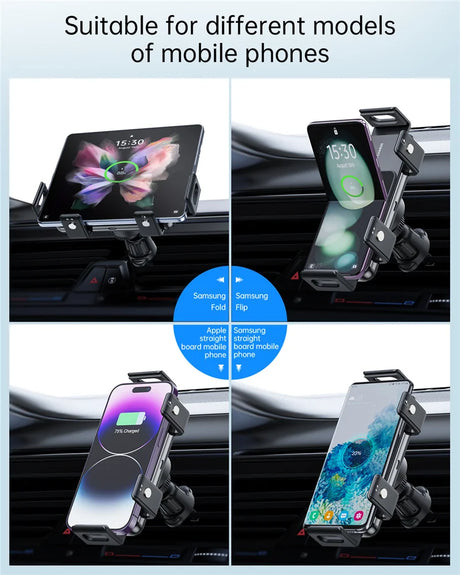 Car phone mount compatible with various smartphone models and styles, including foldable and standard designs.