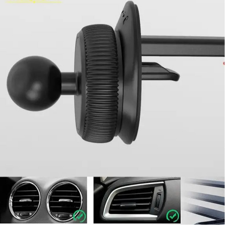 Car phone mount with a magnetic ball joint and circular grip.