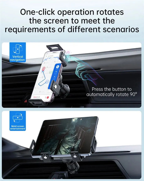 Car phone mount with rotatable screen functionality for navigation and entertainment.