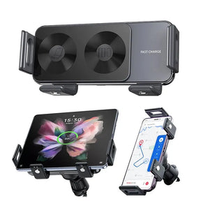 Car phone mount with wireless charging capabilities for tablets and smartphones.