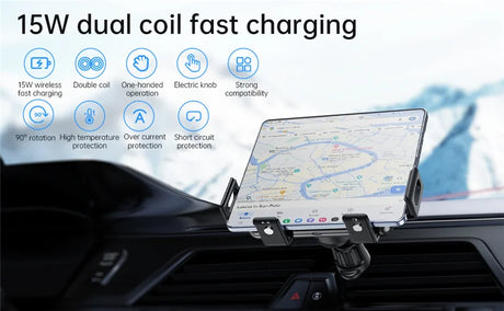 Car phone mount with wireless charging capabilities for tablets or smartphones.