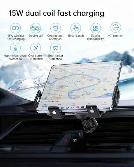 Car phone mount with wireless charging capabilities for tablets or smartphones.