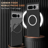 Carbon fiber mobile phone case for Pixel 7 with a circular magnetic attachment area.