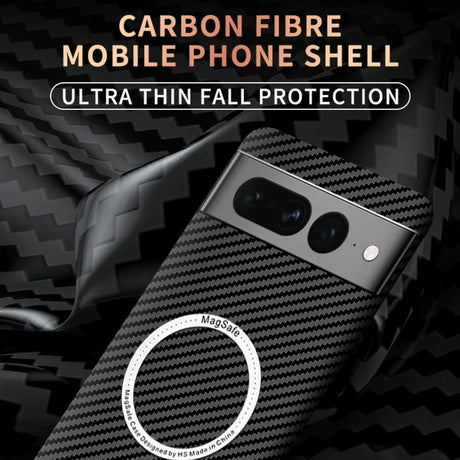 Carbon fiber phone case with a circular magnetic attachment and triple camera setup.