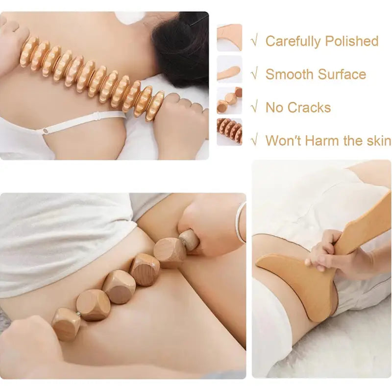 a woman with a wooden roller on her stomach