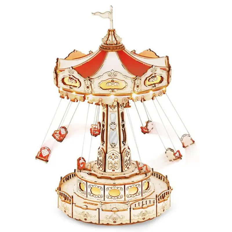 a carousel with a red and white top