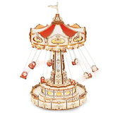 a carousel with a red and white top