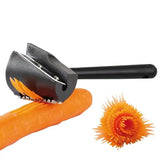 there is a carrot peeler and a carrot on a white background