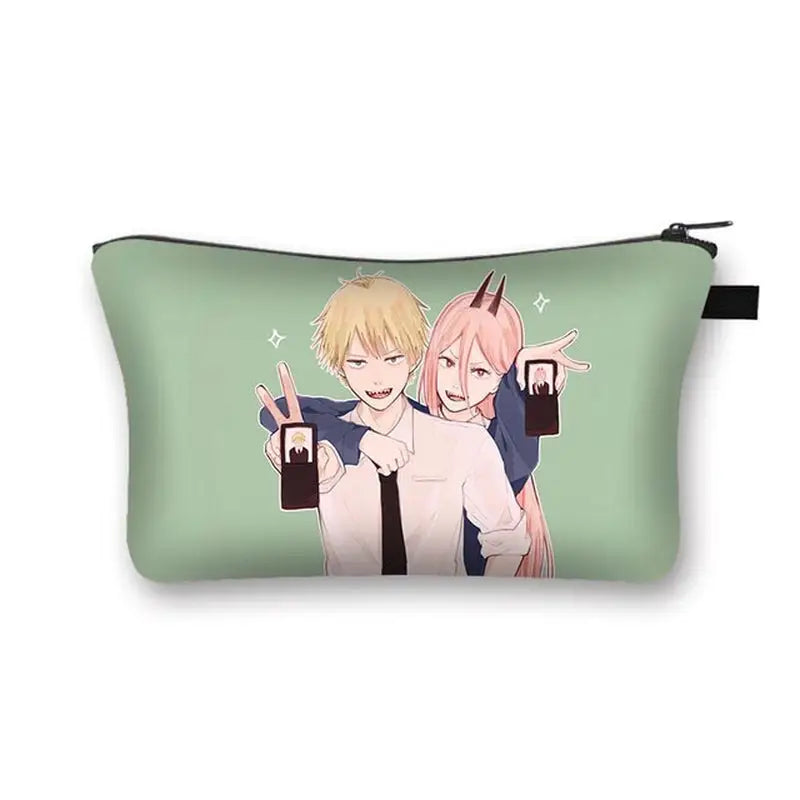 a green bag with a picture of two anime characters