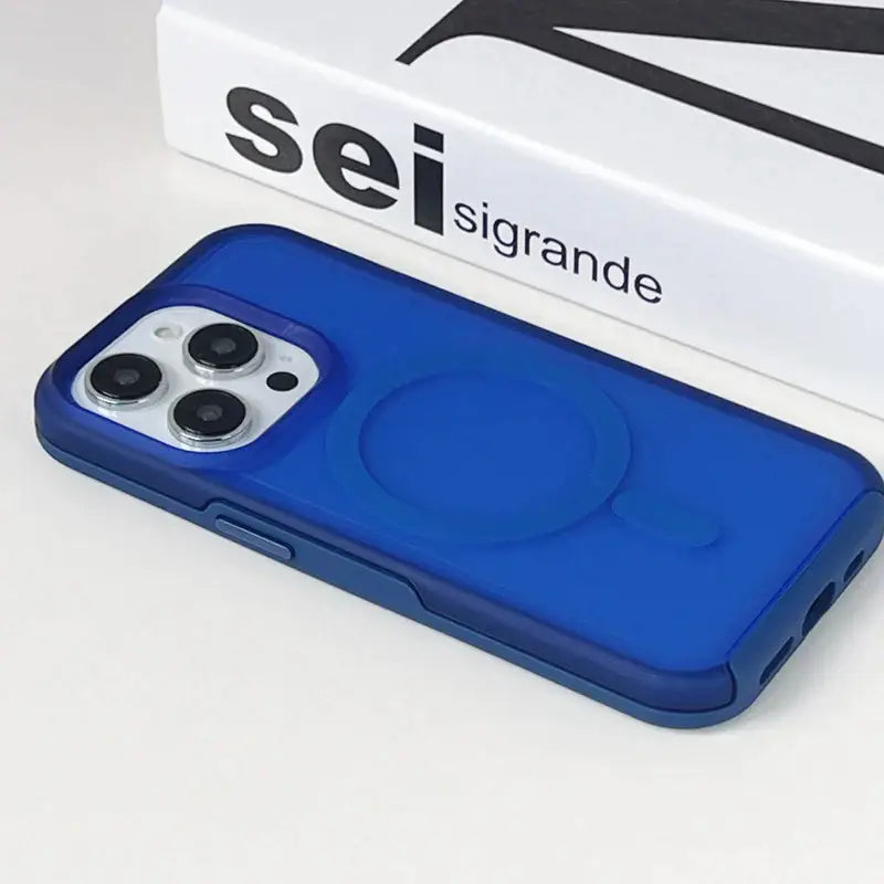 the case is blue and has a white box