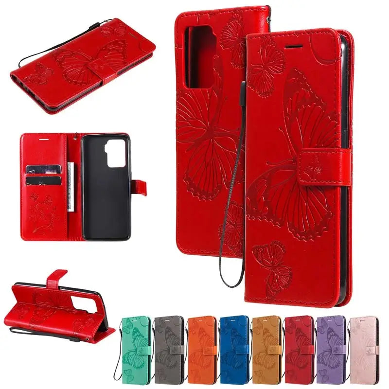 a close up of a red case with a butterfly design