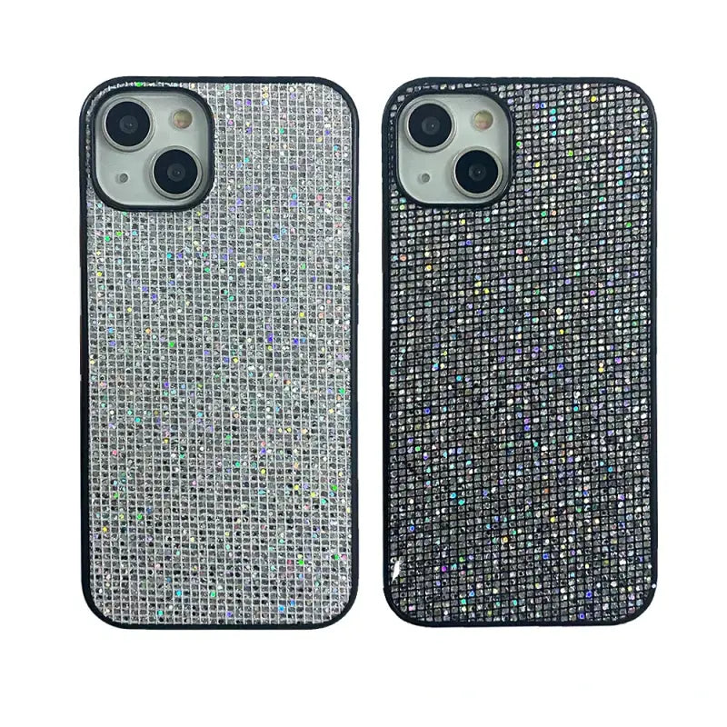 the back and front of the case are covered with silver glitter