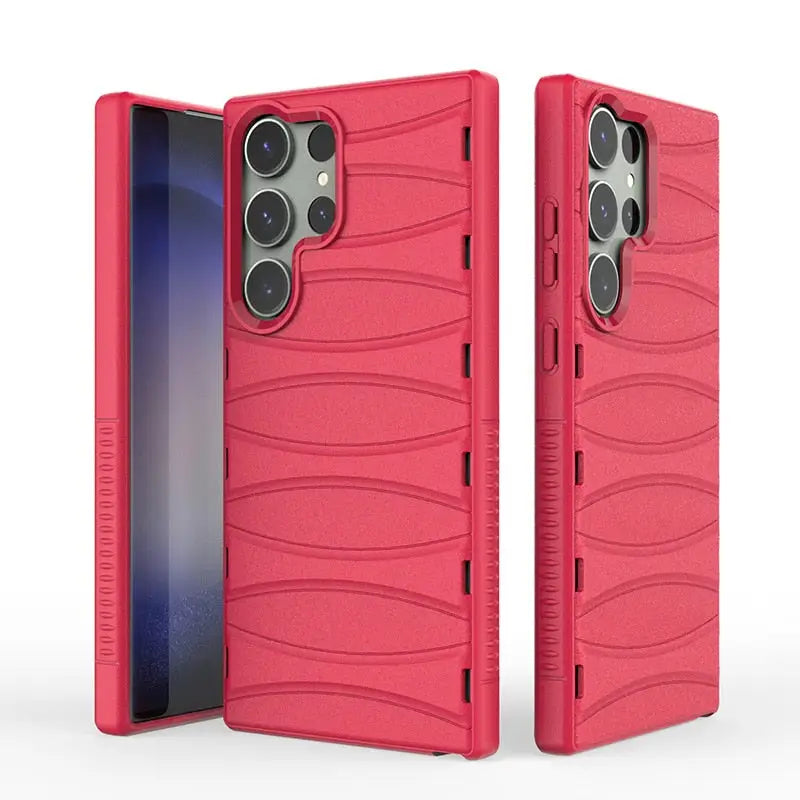 the back of a red case with a phone in it