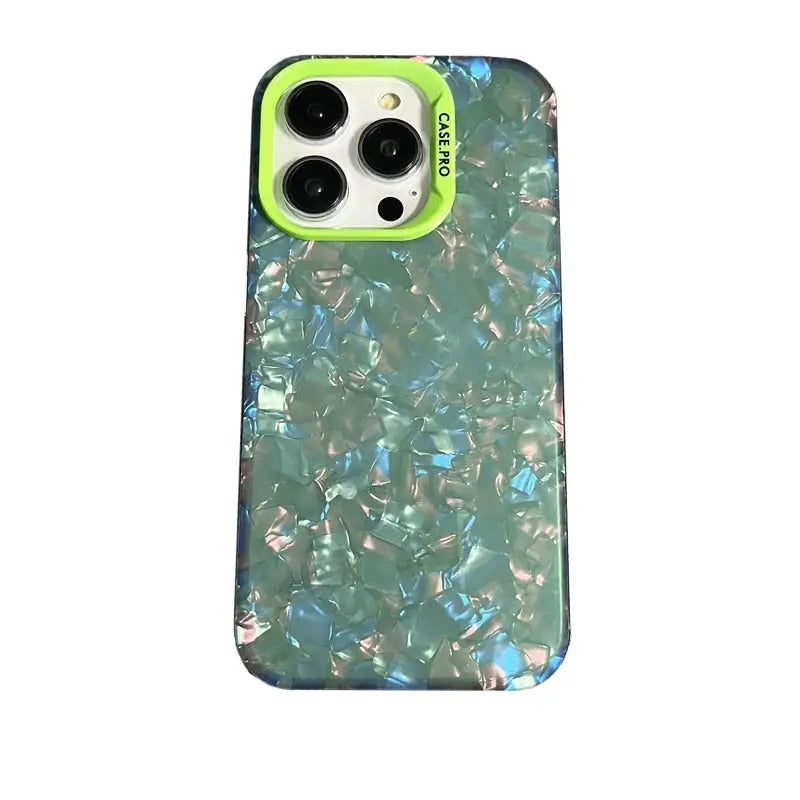 the back of a green iphone case with a green and blue pattern