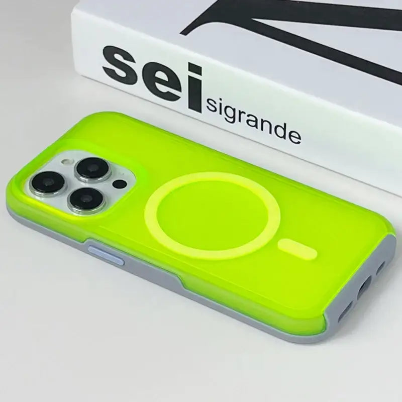 the case is green and has a white box with a black logo