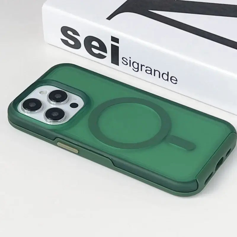 the case is green and has a white box