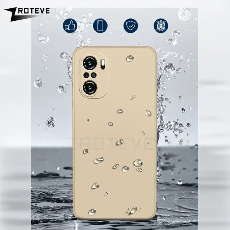 the back of a phone with water droplets on it