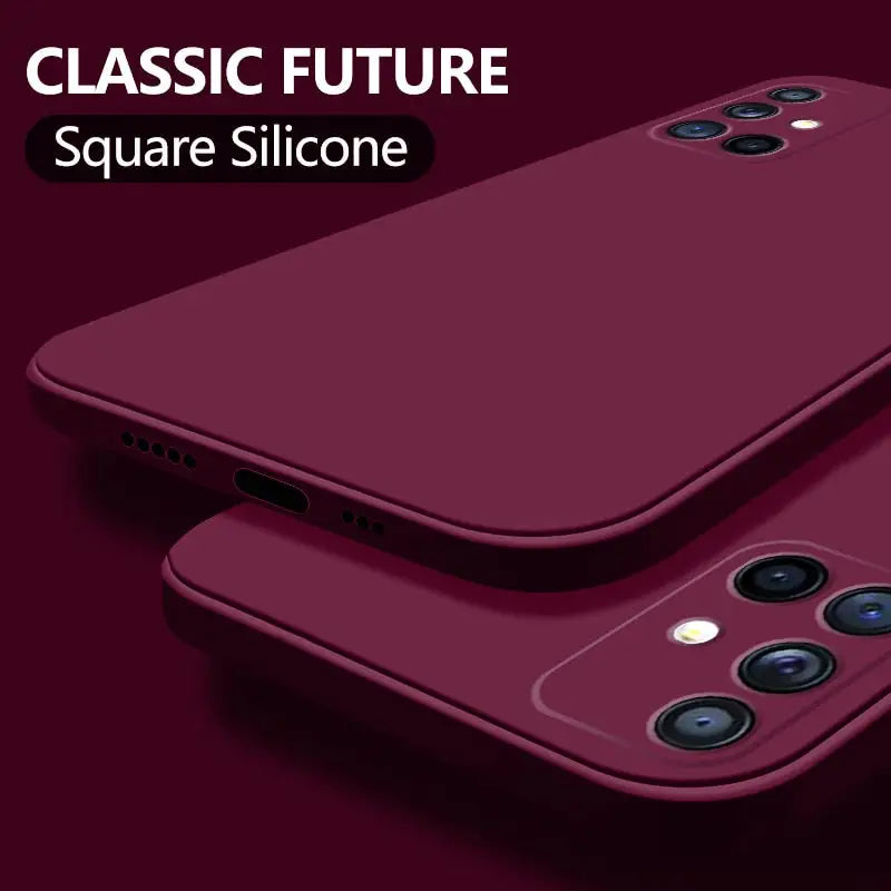 a close up of two red iphones with the text classic future square silicone
