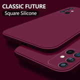 a close up of two red iphones with the text classic future square silicone