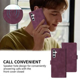 the back of a purple leather case with a boy talking on a cell