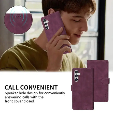 the back of a purple leather case with a boy talking on a cell