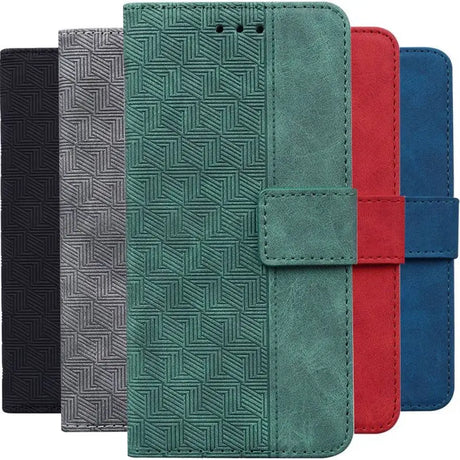 the case is made from genuine leather and features a geometric pattern