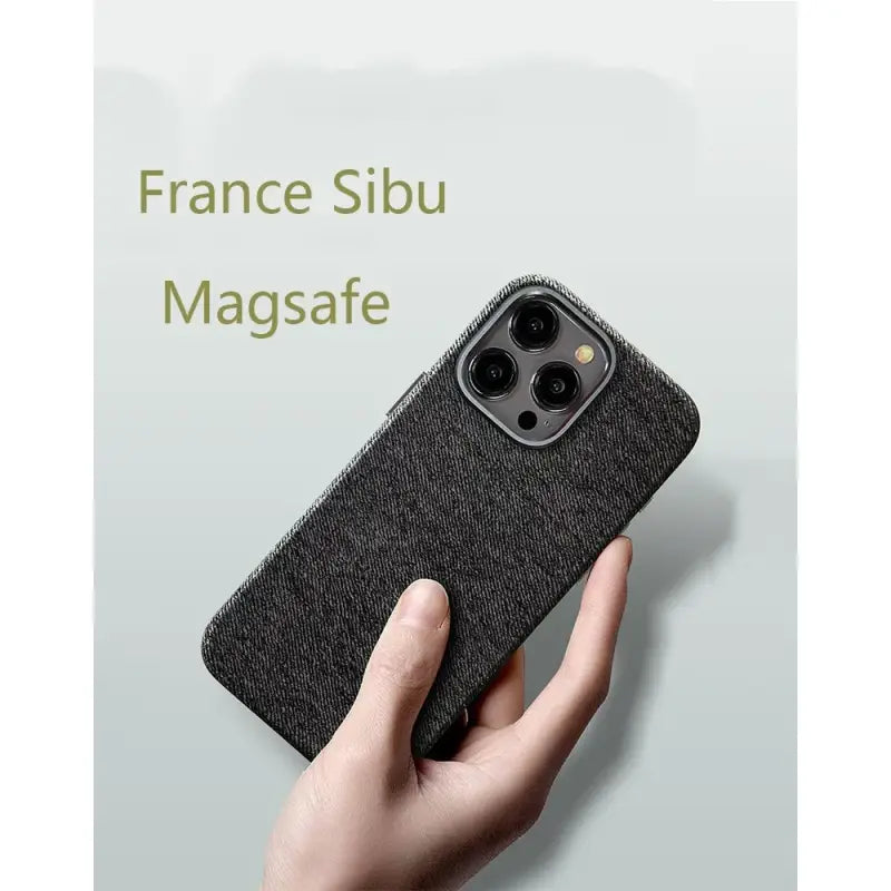 The case is made from a black denim fabric