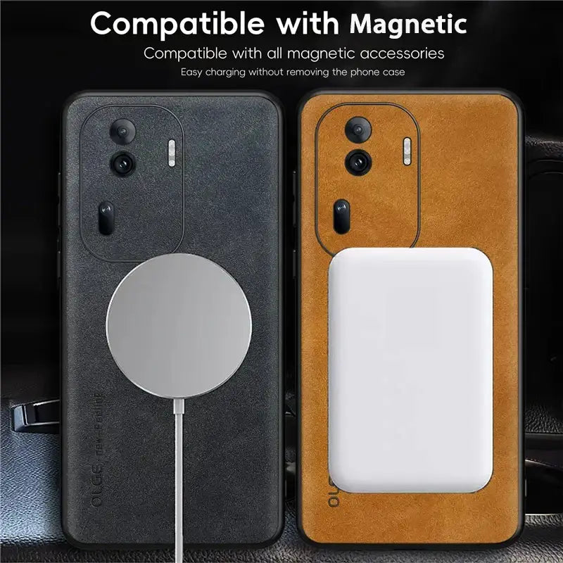 the case is made with genuine leather and has a magnetic magnetic magnet