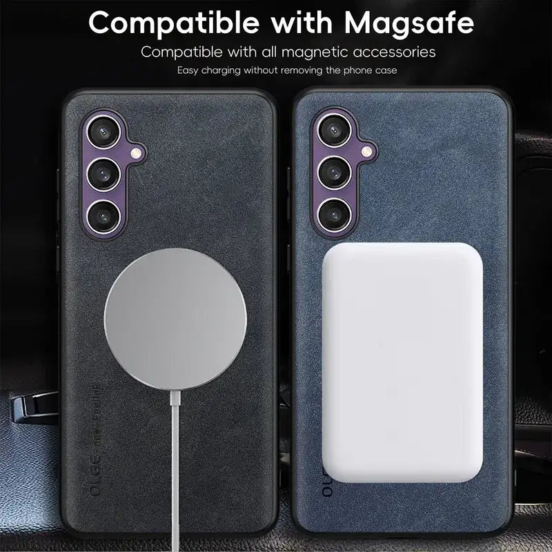 the case is made with a leather material and features a magnetic magnetic magnetic magnet