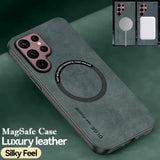 the case is made with a leather material and features a built in a protective case