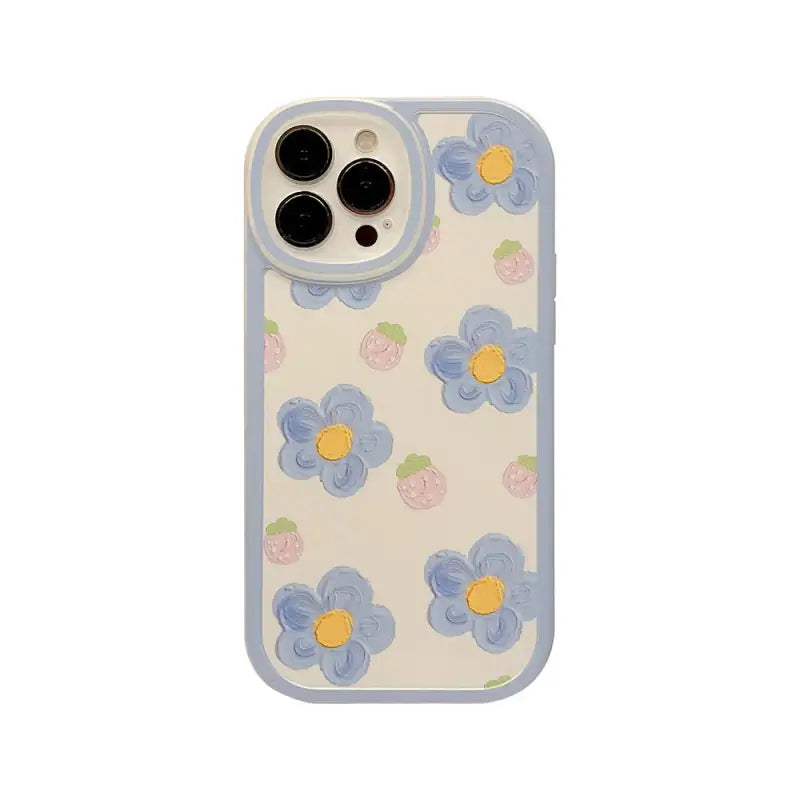 the case is made from a white plastic with blue flowers and yellow leaves
