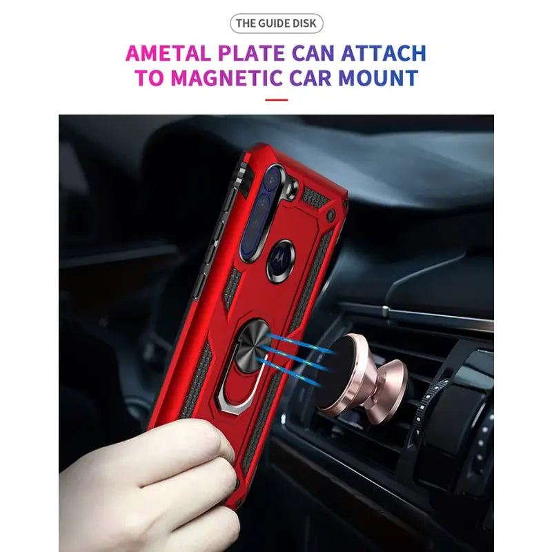 the case is red and has a metal ring