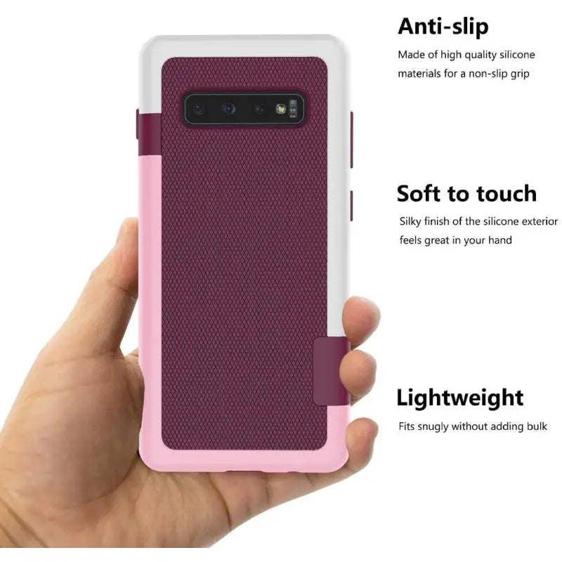 the back of a pink samsung phone case with a pink and white design